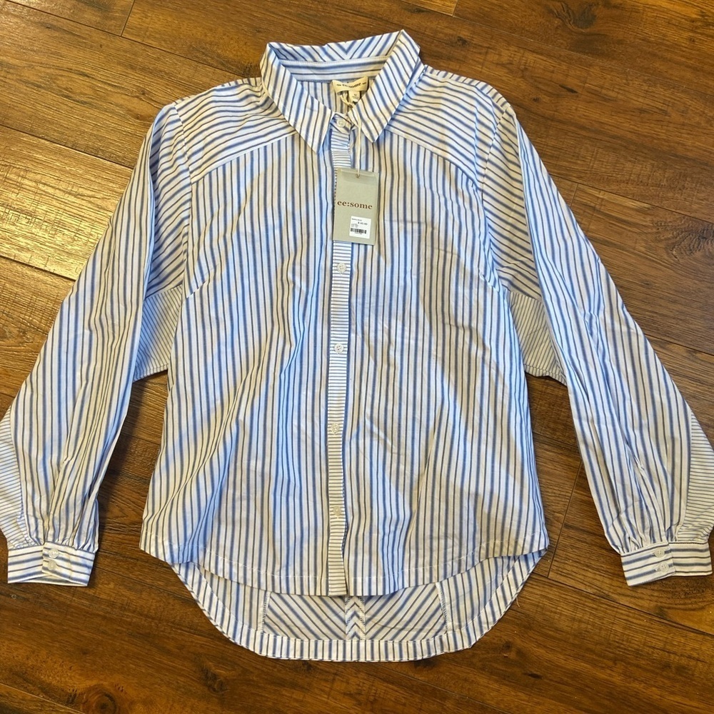 NWT ee:some maritime blouse top striped button up cutout back peekaboo shirt M